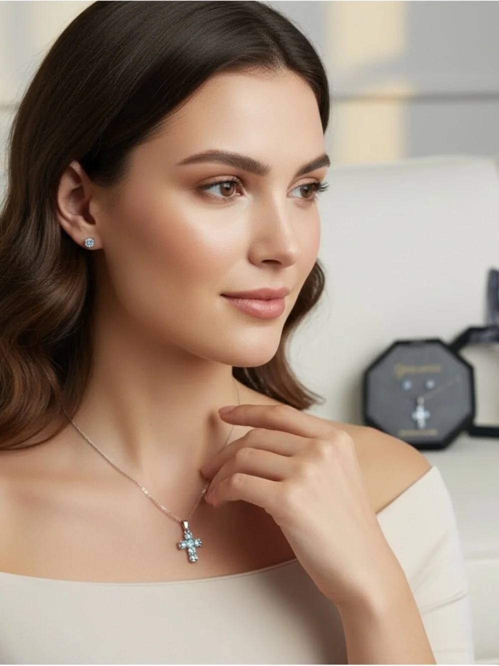 NIB Brilliance Blue Topaz Cross Pendant & Stud Earring Set (MRSP $50)